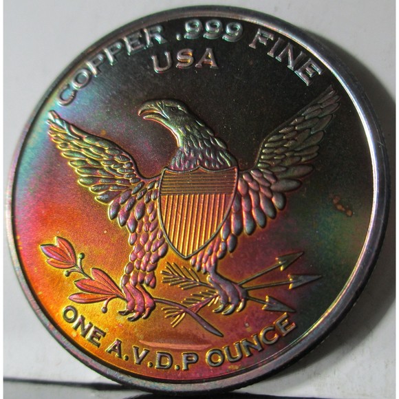 ONE Ounce 39 MM Copper Round White Tale Deer Design Rainbow Toned , STUNNING!!! - Picture 5 of 5